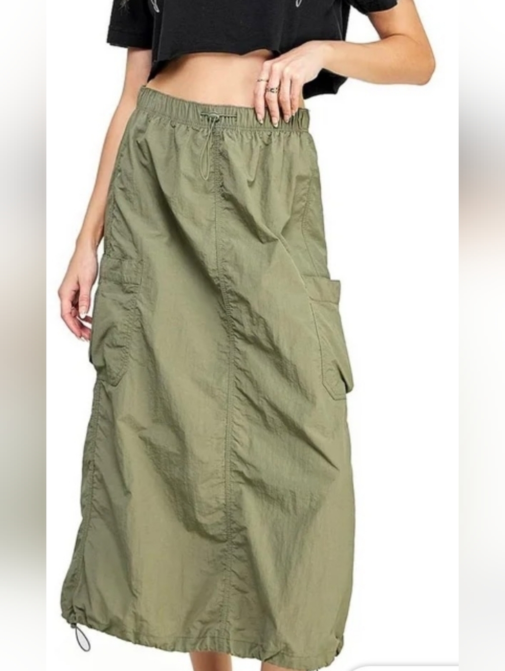 NWT Love Tree Olive Nylon Cargo Drawstring Waist Parachute Maxi Skirt, Sz L! 🍁